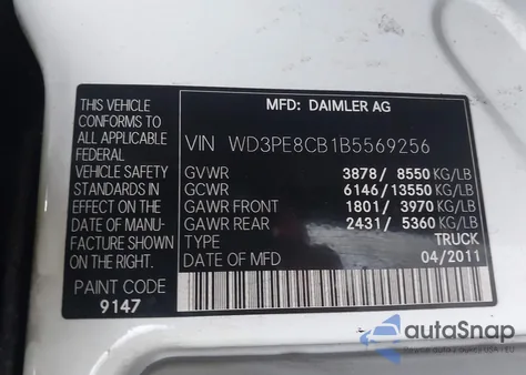 2011 Mercedes-Benz Sprinter 2500 High Roof из США, поврежденный, VIN WD3PE8CB1B5569256